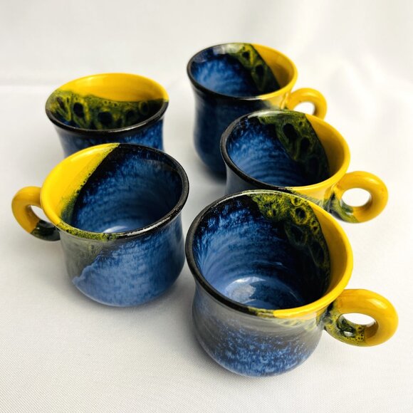 Studio Art Handcrafted Demitasse Cups Red Clay Pottery Blue Yellow Glaze 5 pcs. - Picture 7 of 9